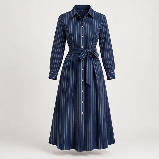 Navy Pinstripe Belted Shirt Dress