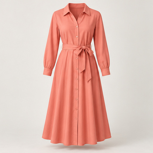 Soft Coral Belted Shirt Dress